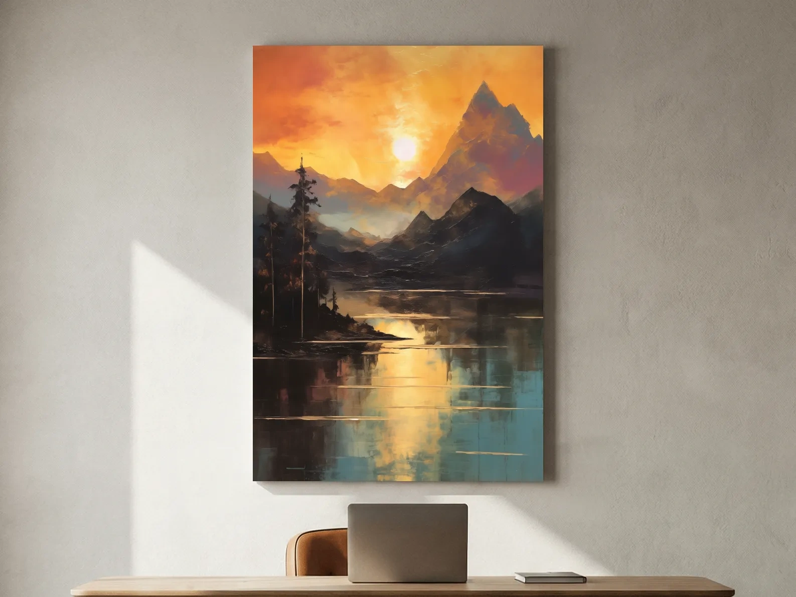 Golden Sunset Alpine Lake Reflection - Mountain Oil Painting Wall Art