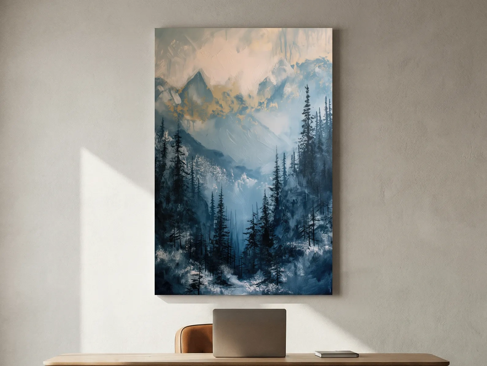 Moody Misty Blue Mountain Forest Painting - Alpine Landscape Wall Art