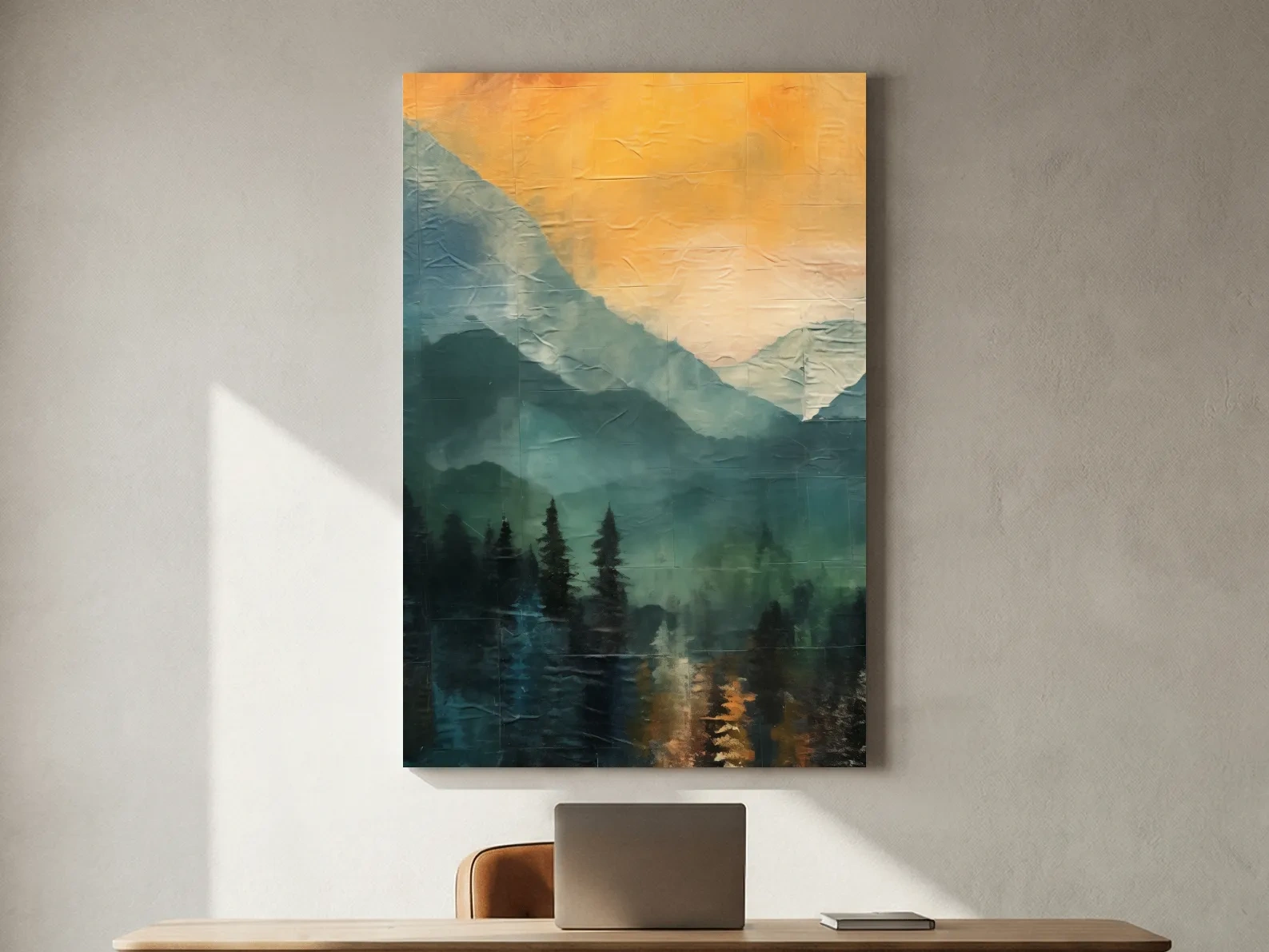 Rustic Misty Mountain Lake Reflection - Textured Watercolor Style Sunset Wall Art
