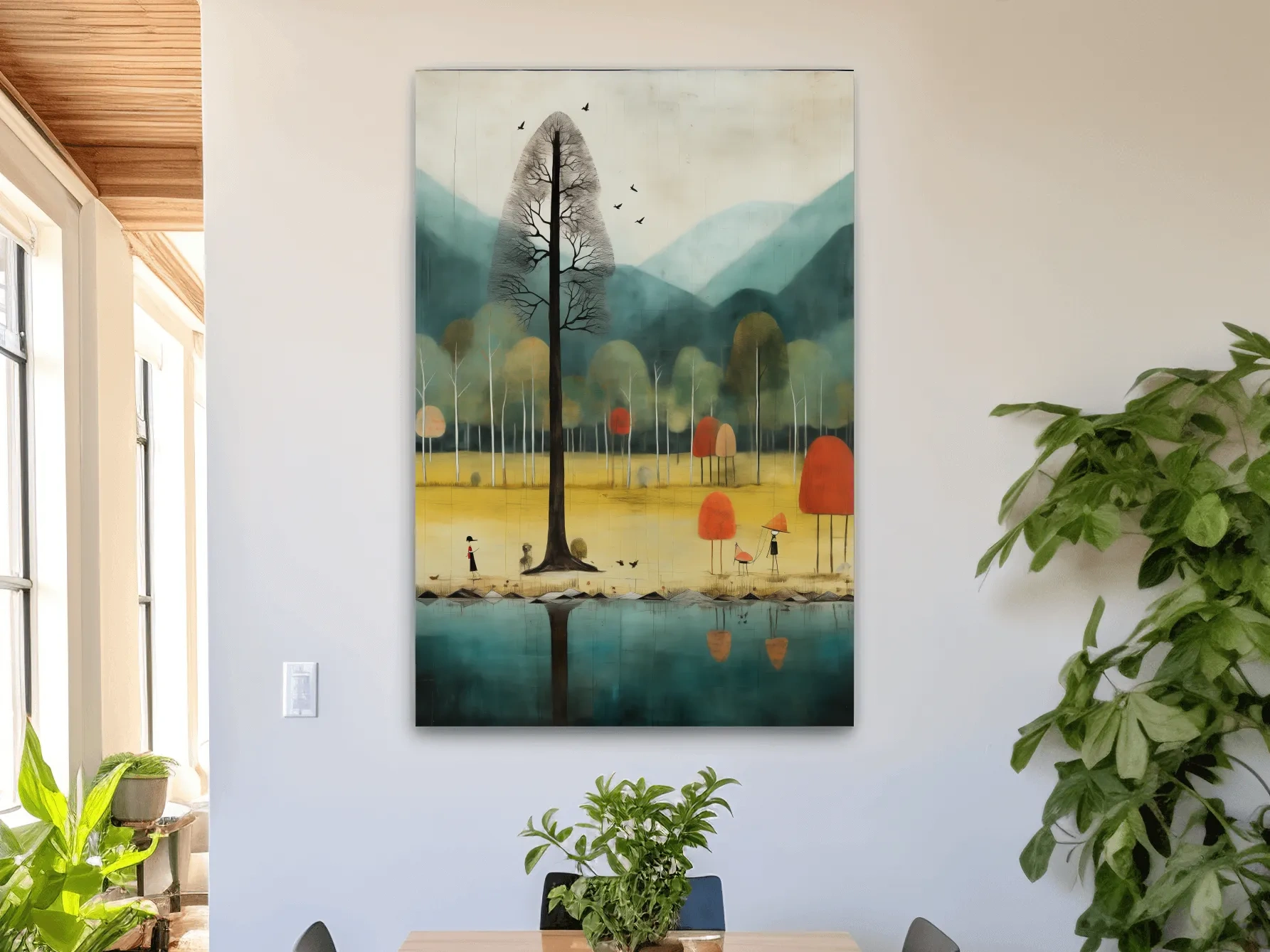 Whimsical Autumn Forest Lake Landscape - Quirky Nature Wall Art