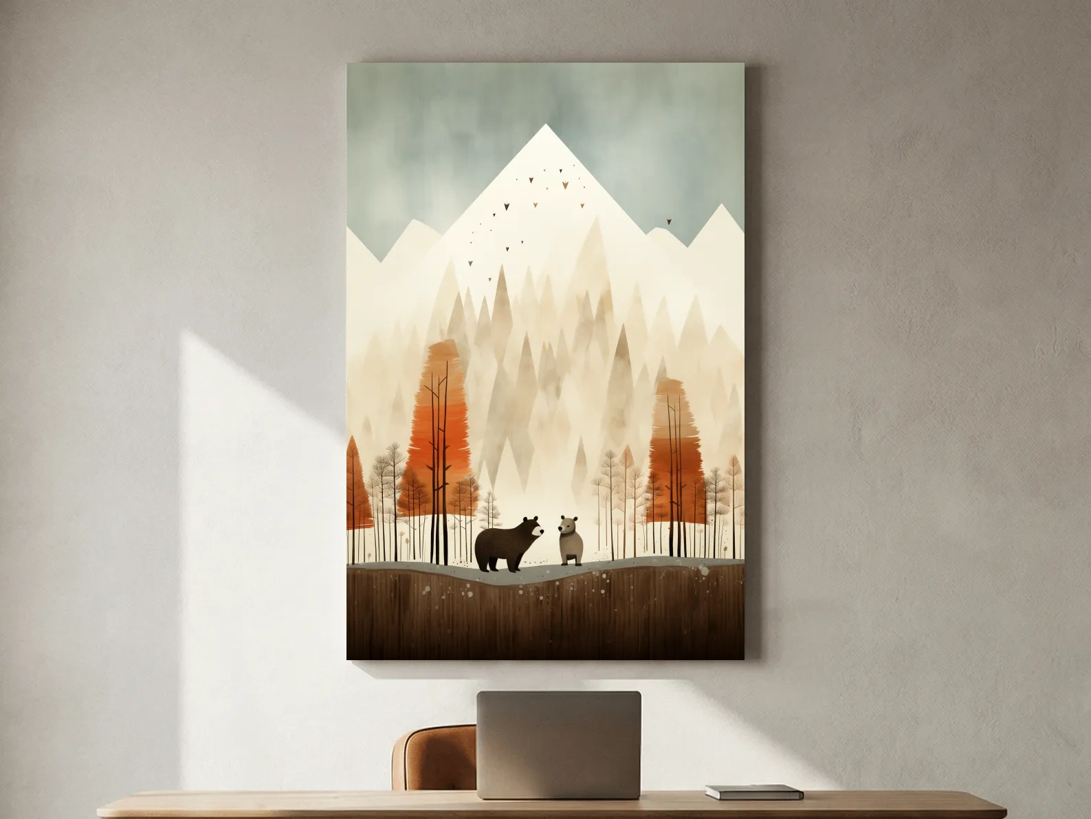 Bears in the forest in autumn, quirky childrens art illustration