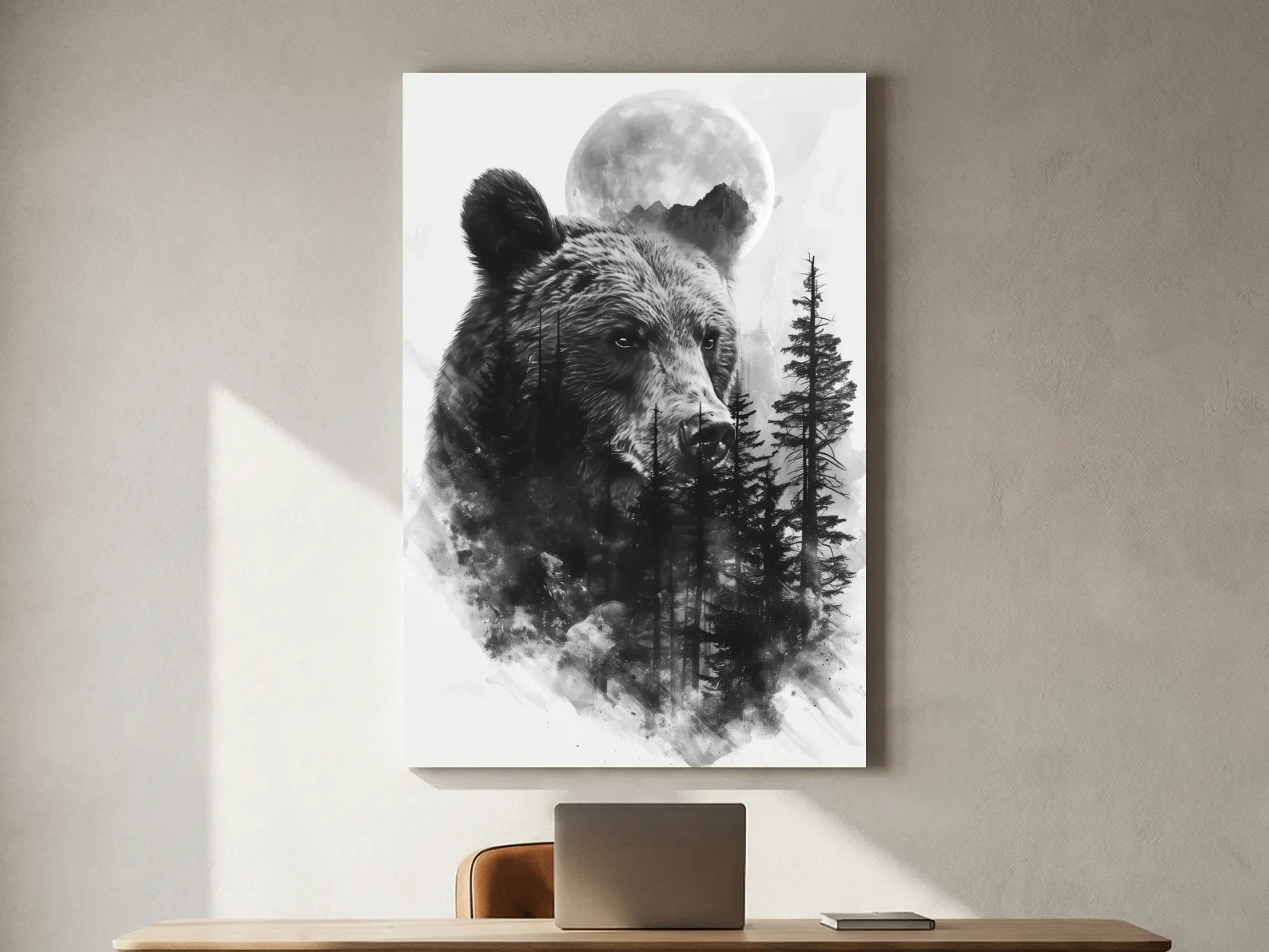 Grizzly Bear Moon Forest Drawing - Black And White Double Exposure Wildlife Wall Art