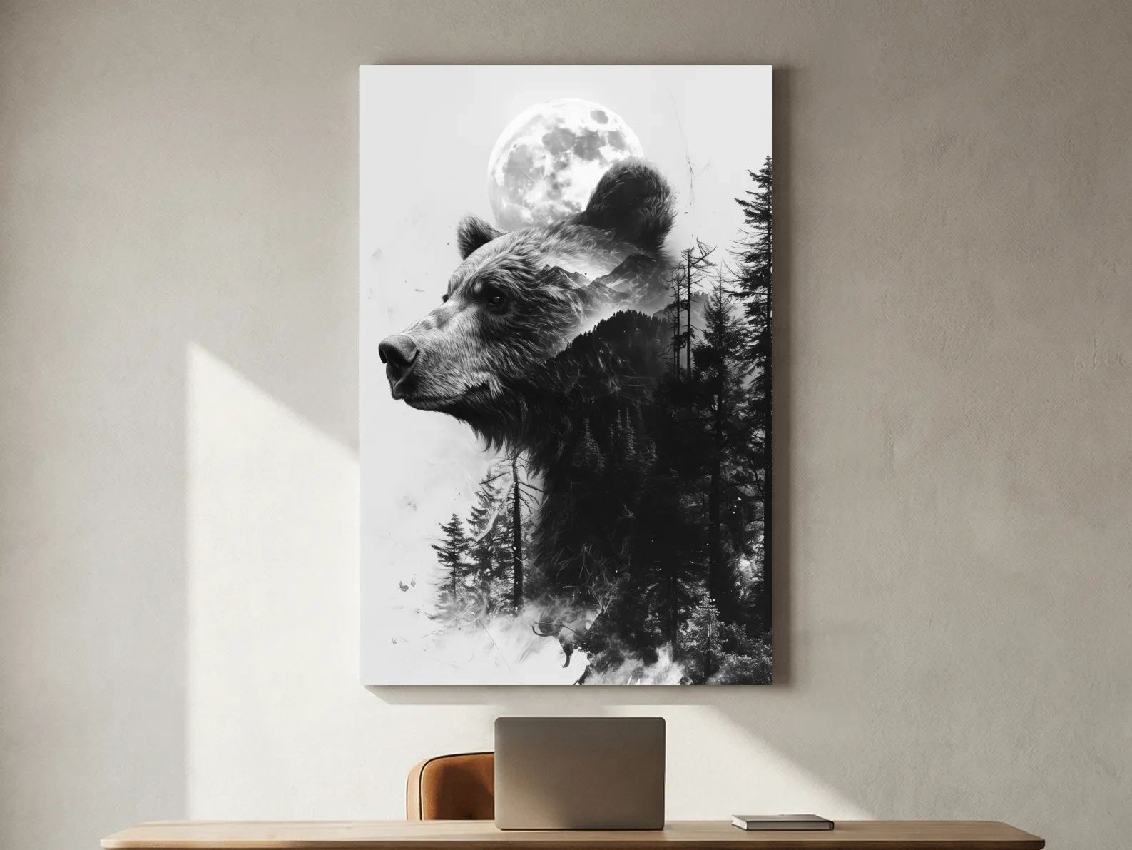 Grizzly Bear Double Exposure Drawing - Moonlit Pine Forest Wildlife Wall Art