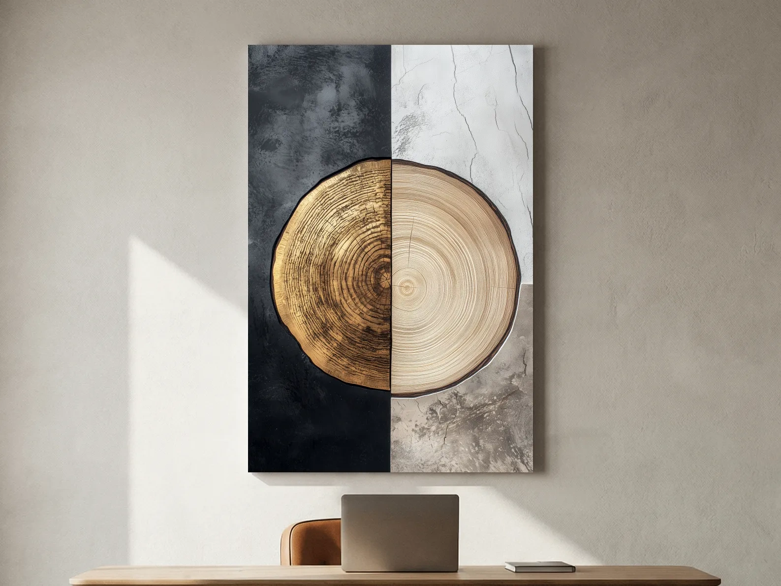Split Marble And Charcoal Wood Slice - Modern Rustic Tree Ring Wall Art