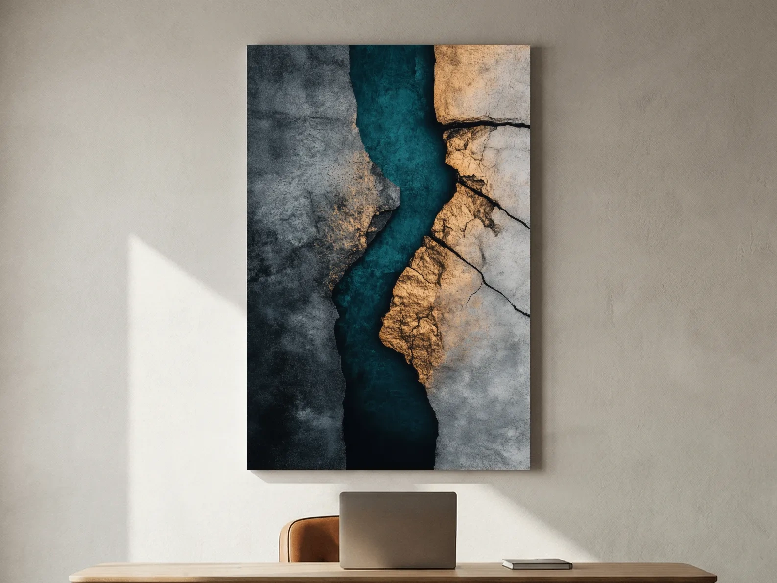 Teal River Canyon With Cracked Stone Texture - Modern Abstract Geode Wall Art