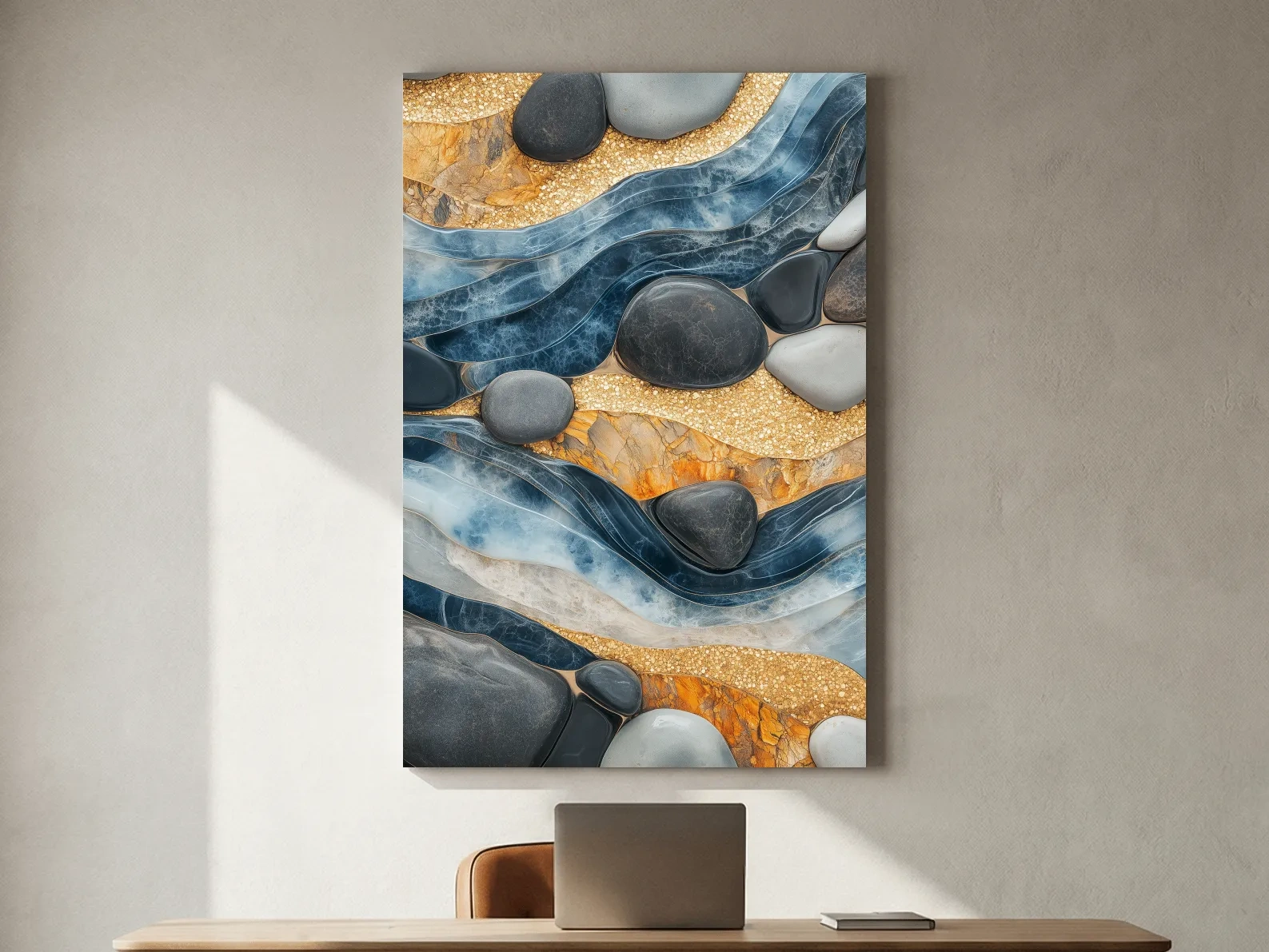 Abstract Blue River Stone Mosaic - Modern Pebble Texture Wall Art
