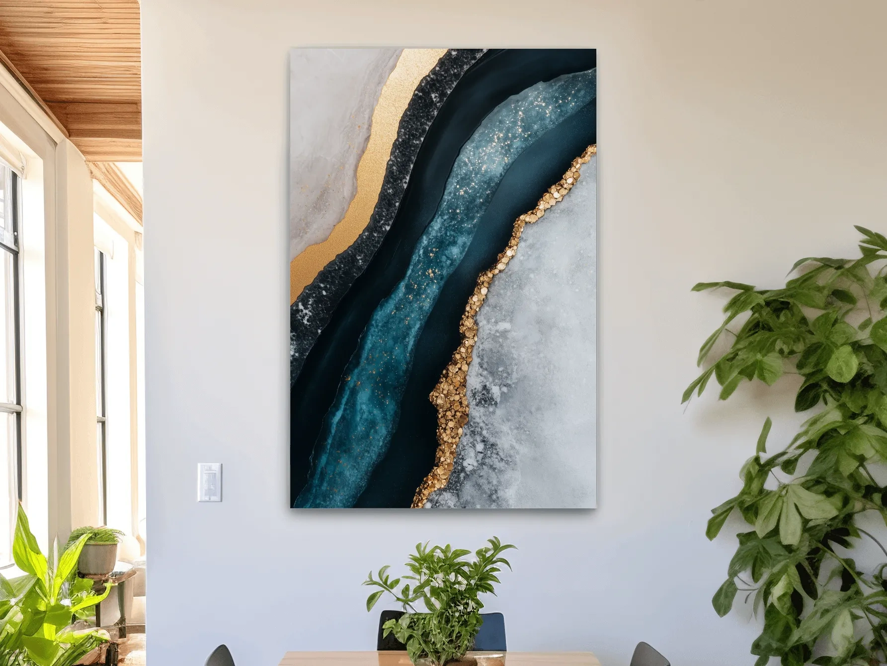 Elegant abstract geode artwork, blue and gold natural textured wall art