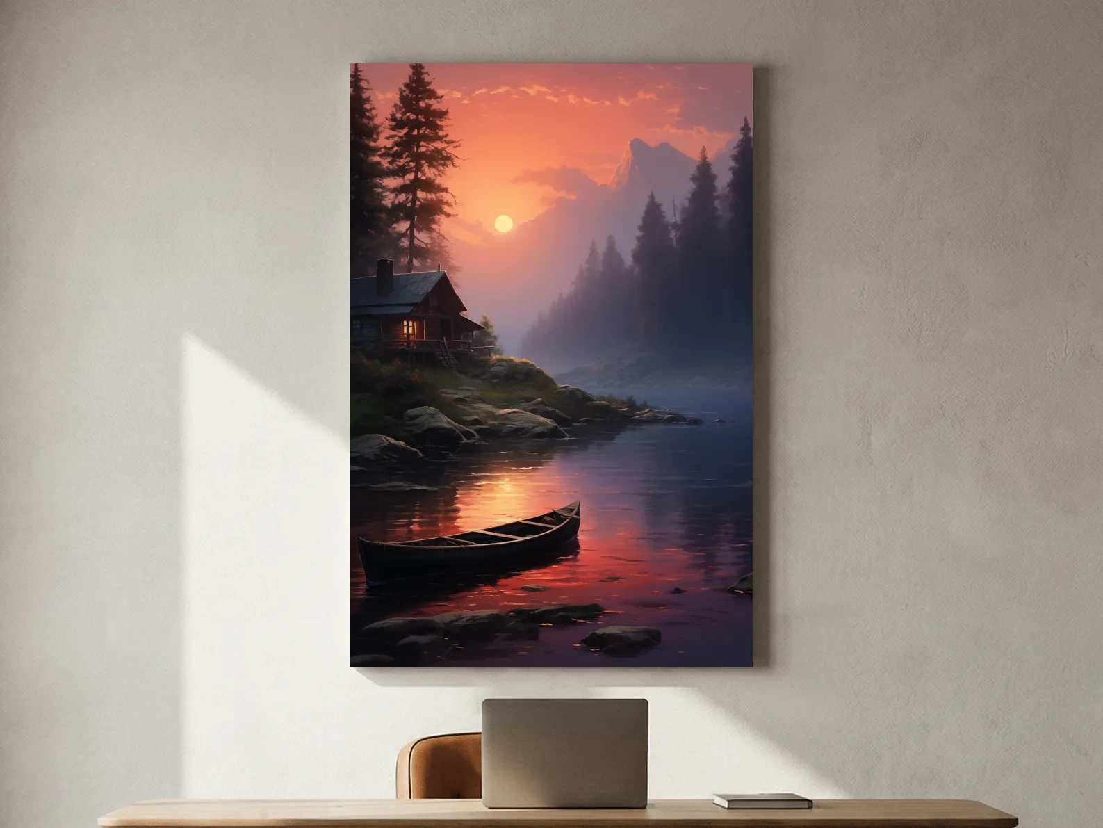 Lakeside Cabin Sunset Landscape - Cinematic Mountain Lake Wall Art