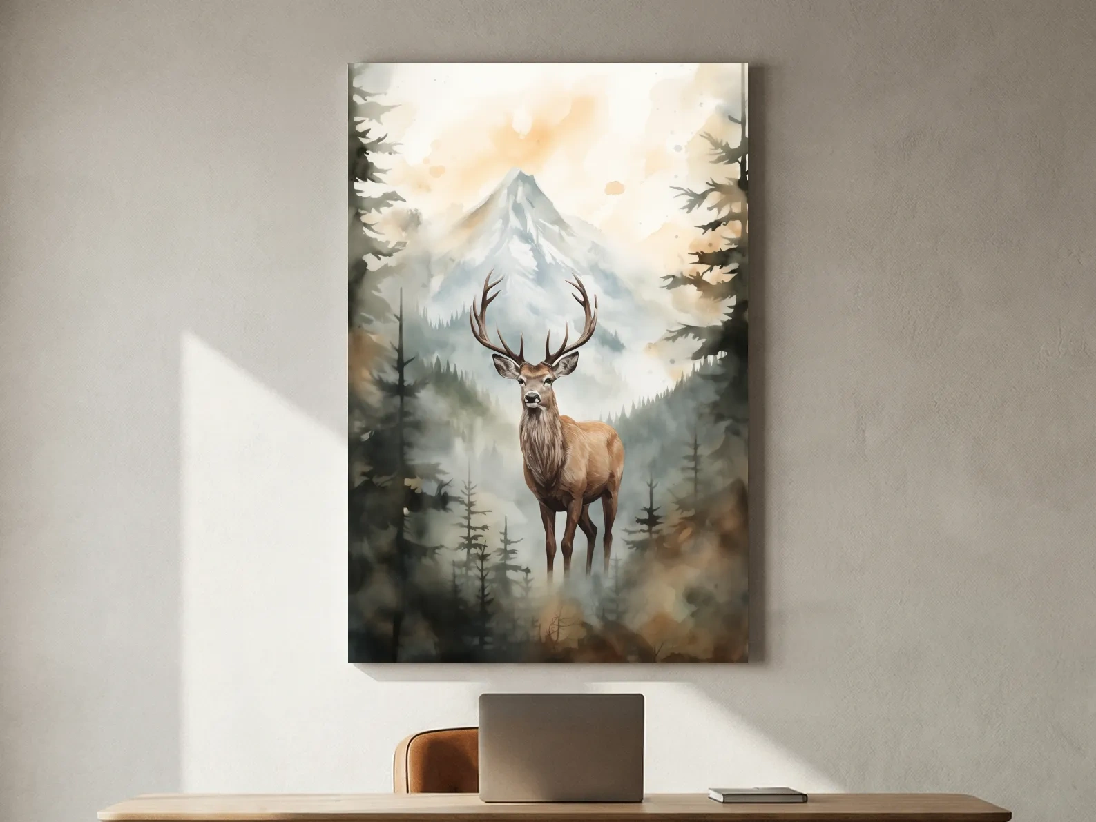 Watercolor Stag In Misty Mountain Forest - Serene Wildlife Wall Art