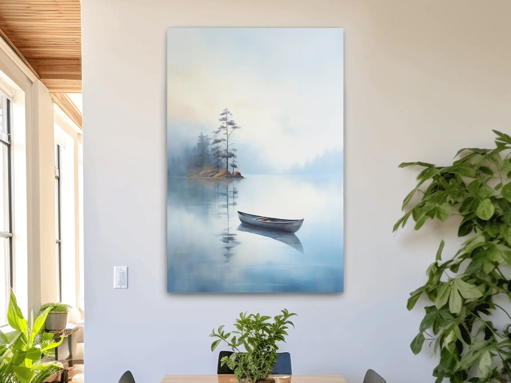 Misty Lake Canoe Painting - Serene Minimalist Watercolor Wall Art