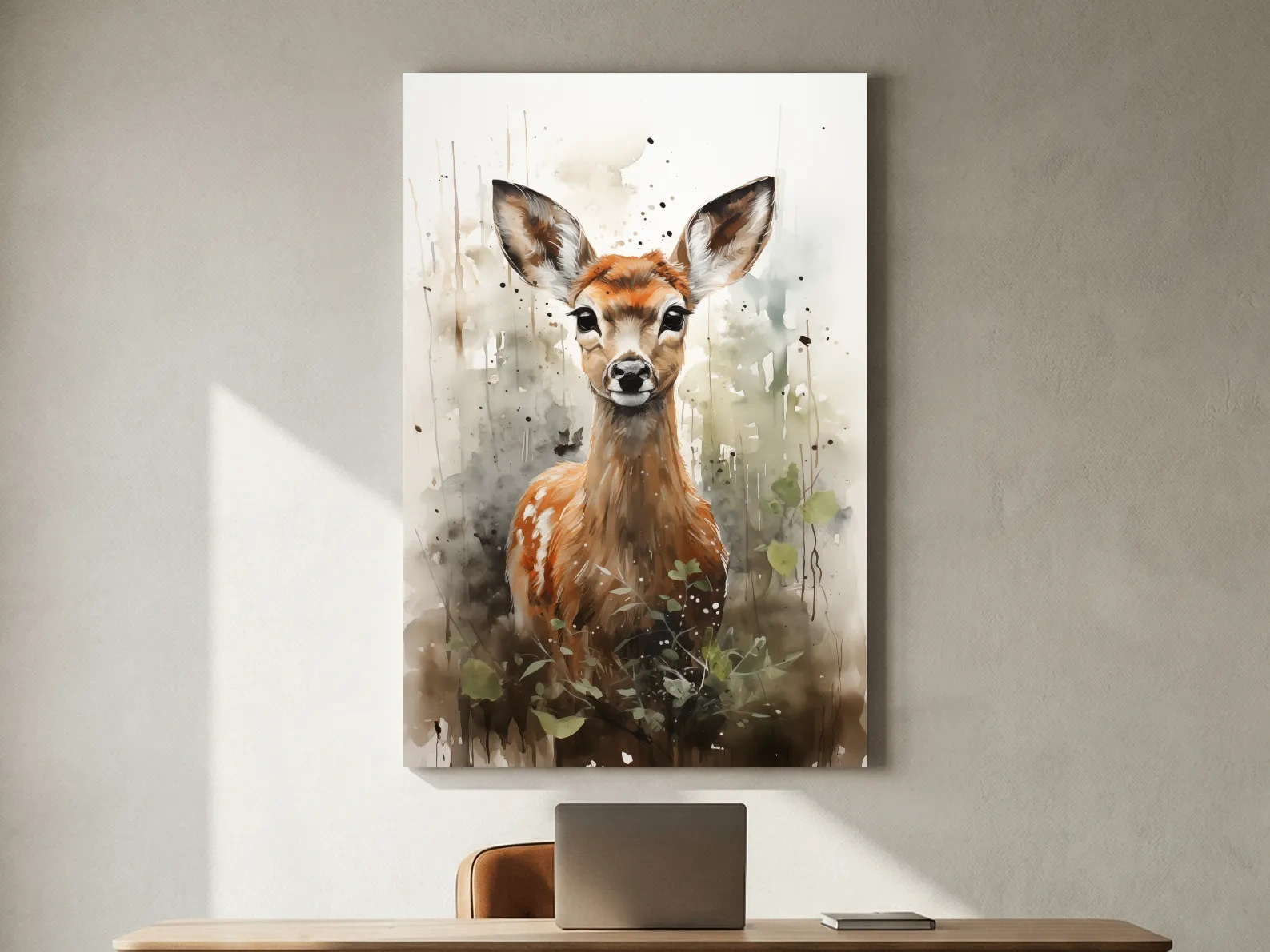 Whimsical Baby Deer Watercolor Portrait - Woodland Nursery Wall Art