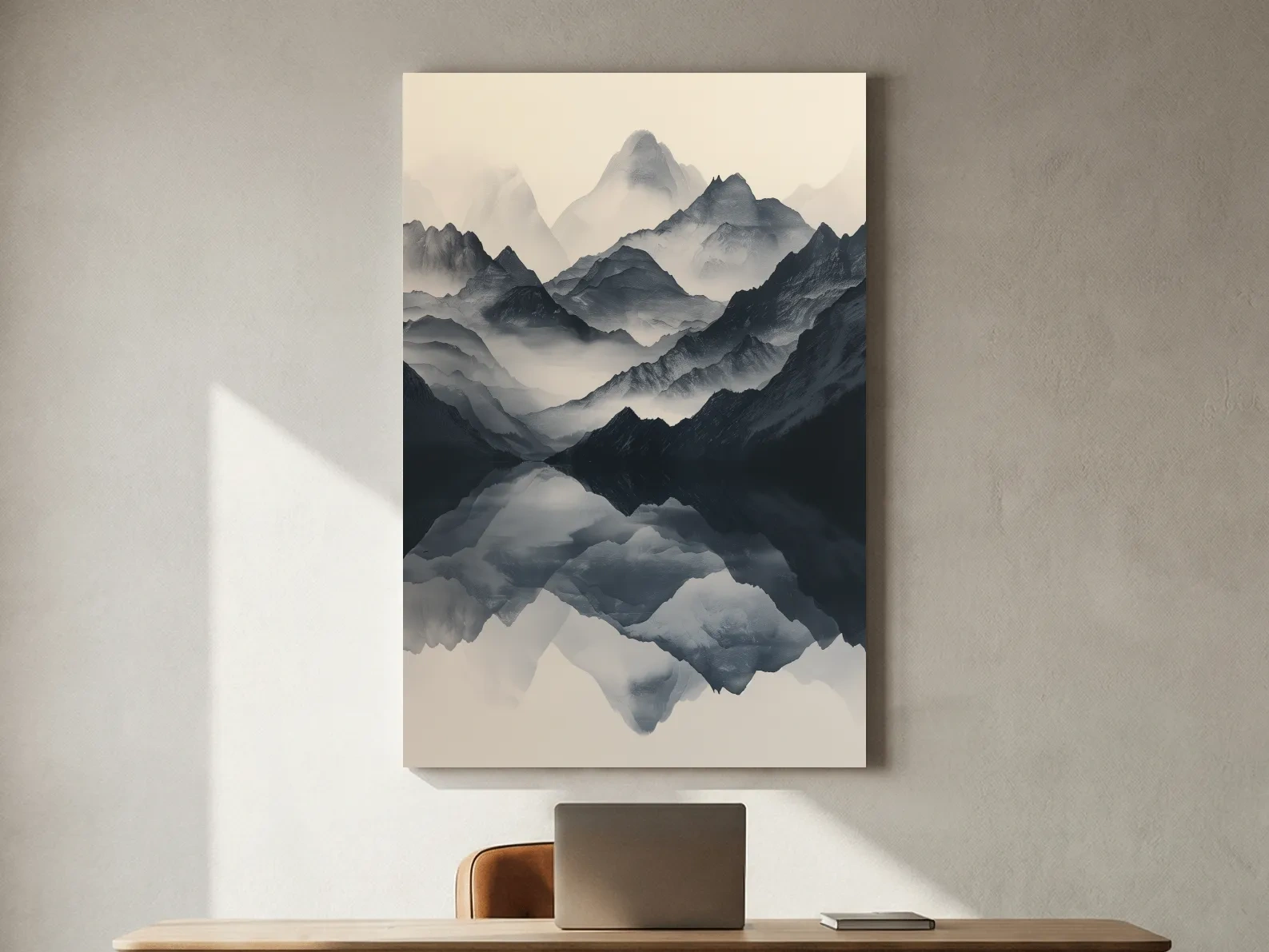 Monochrome Misty Mountain Reflection Landscape - Minimalist Japandi Wall Art