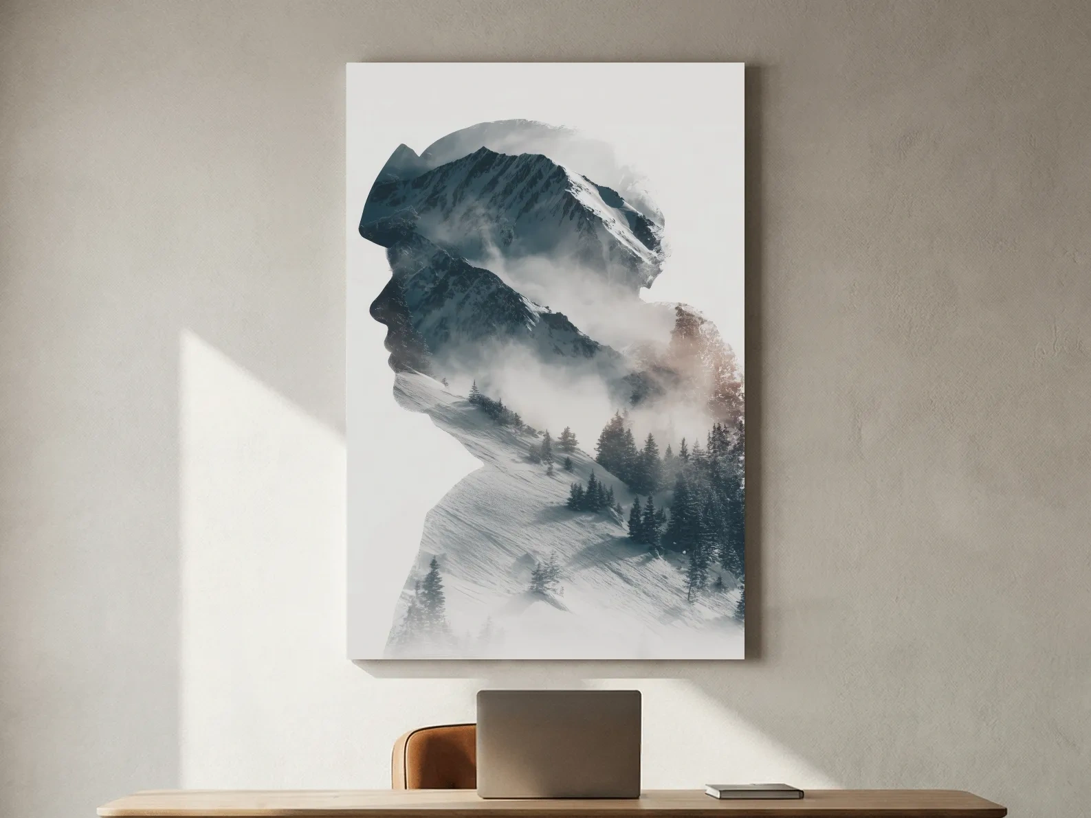 Surreal Double Exposure Skier & Mountain Portrait - Moody Misty Alpine Forest Wall Art