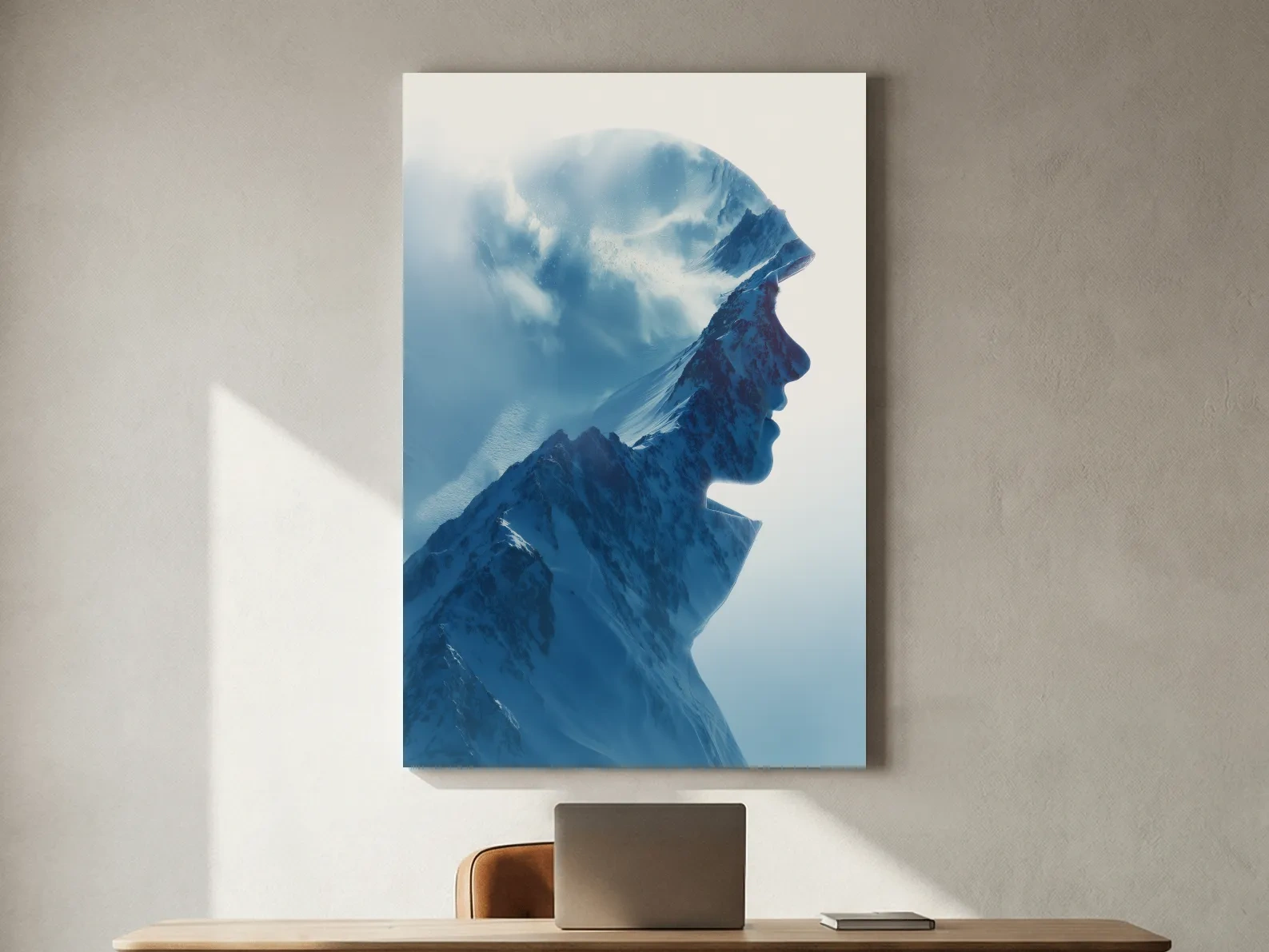 Double Exposure Mountain & Skier Portrait - Modern Snowy Alpine Wall Art