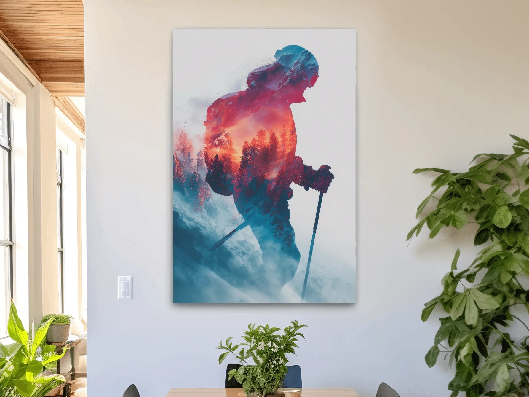 Double Exposure Skiier Silhouette Forest Sunset - Adventure Mountain Landscape Artwork