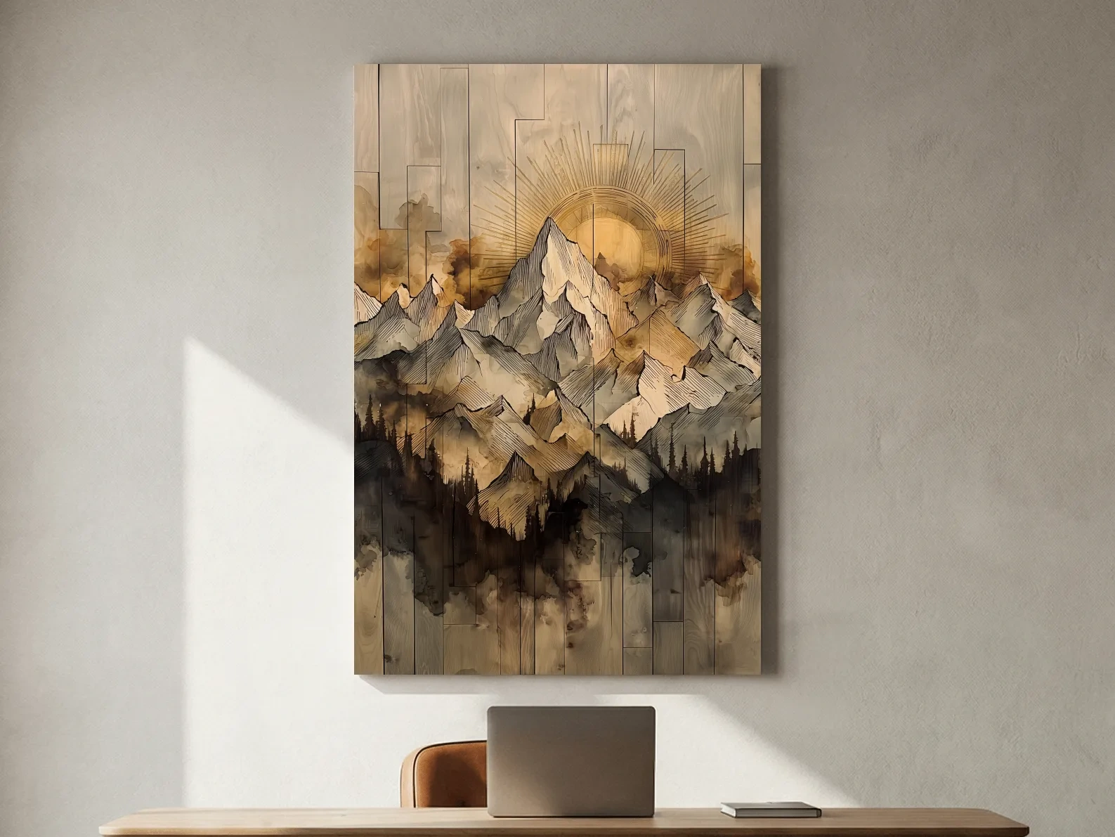 Sunrise Alpine Mountain Range Illustration - Rustic Watercolor Landscape Wall Art