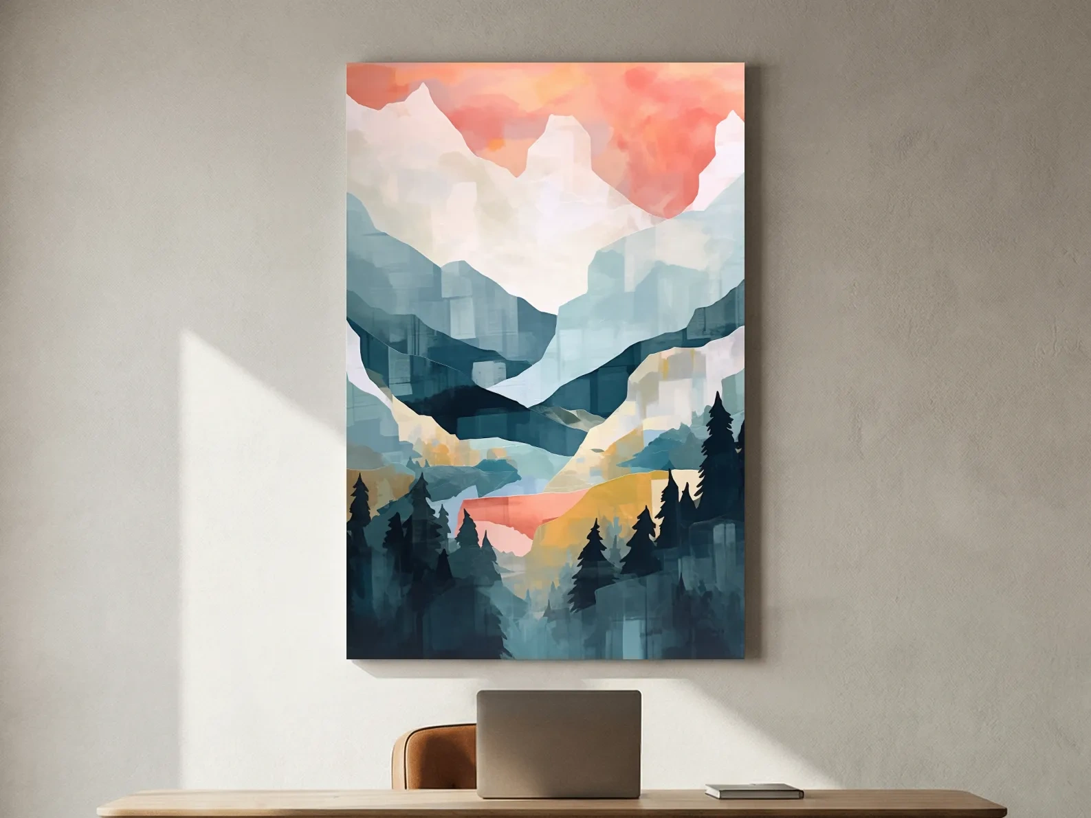 Abstract Watercolor Alpine Mountains At Sunrise - Modern Forest Landscape Artwork