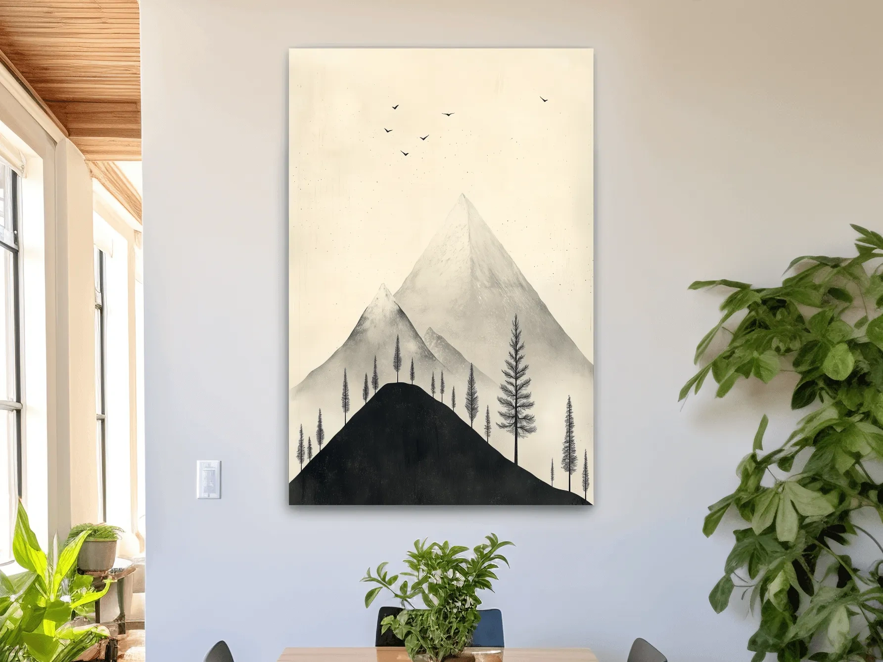 Minimalist Misty Mountain Peaks With Pine Trees - Monochrome Scandinavian Landscape Artwork