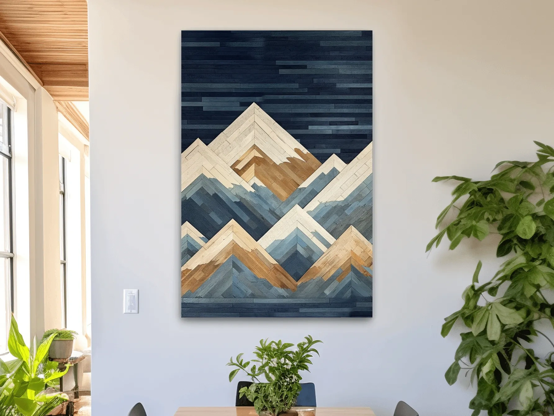 Geometric Layered Mountain Peaks - Wood Texture Landscape Wall Art