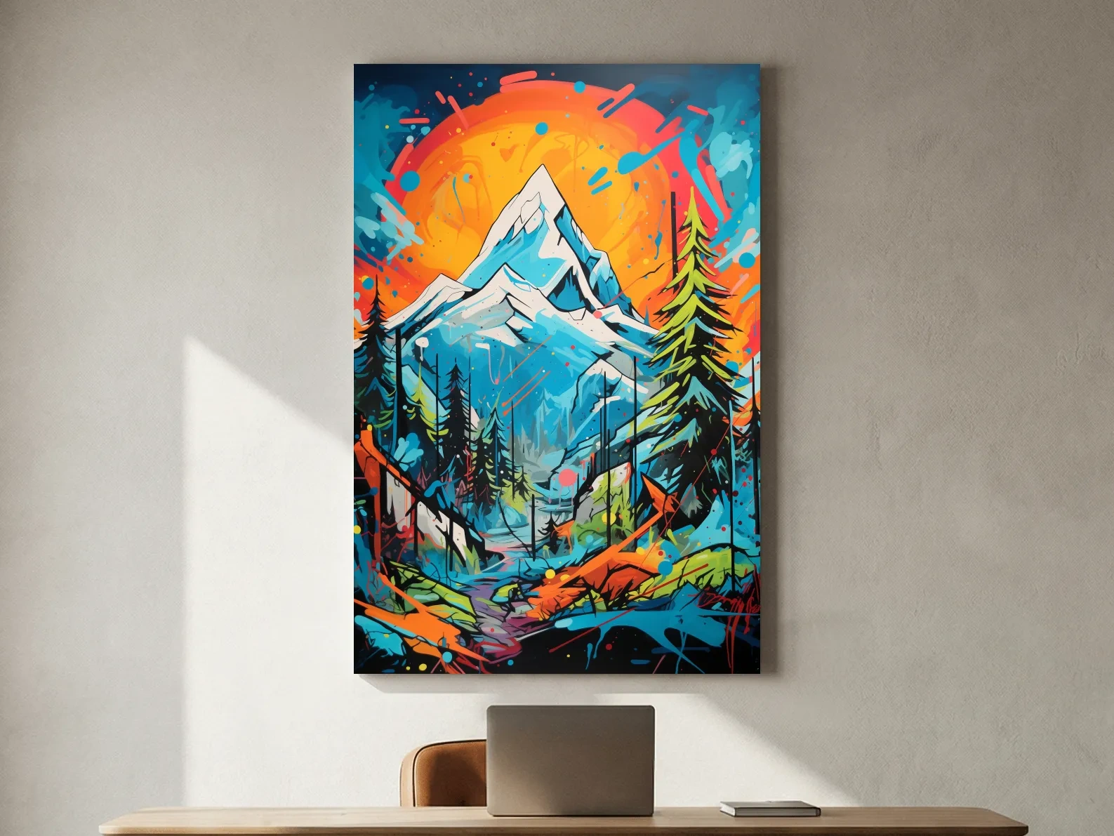 Vibrant Abstract Mountain Sunset Graffitti Painting - Colorful Pop Art Alpine Wall Art