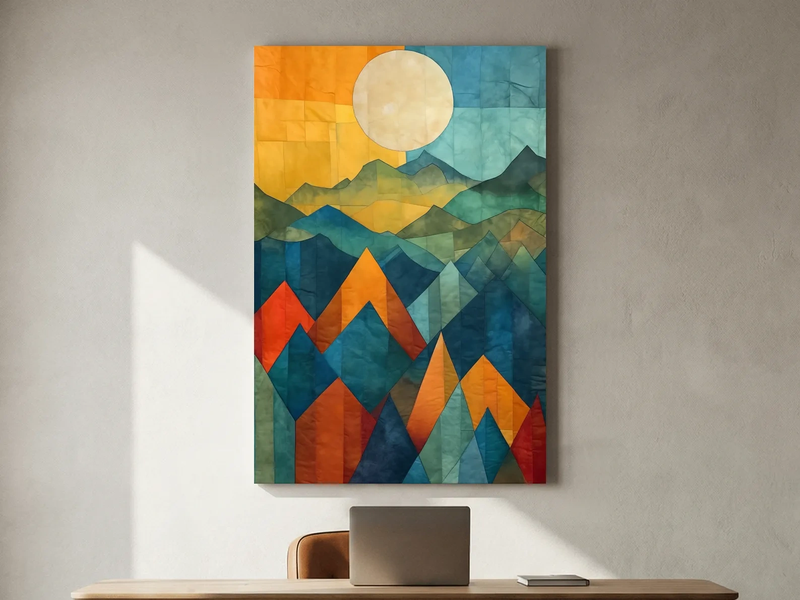 Geometric Patchwork Sunlit Mountain Range Painting - Colorful Abstract Alpine Wall Art