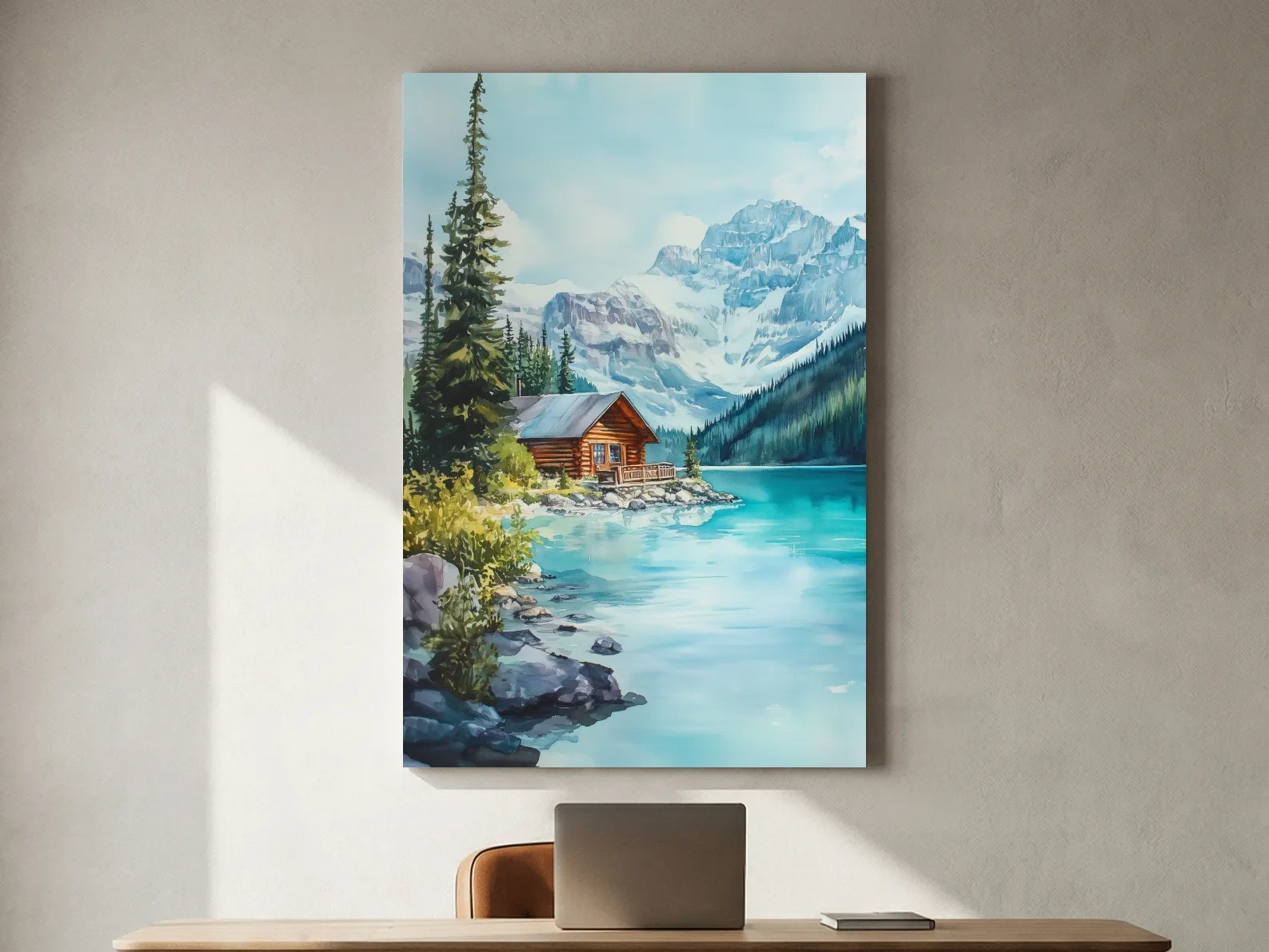 Turquoise Alpine Lake Cabin Watercolor - Serene Snowy Mountain Wall Art