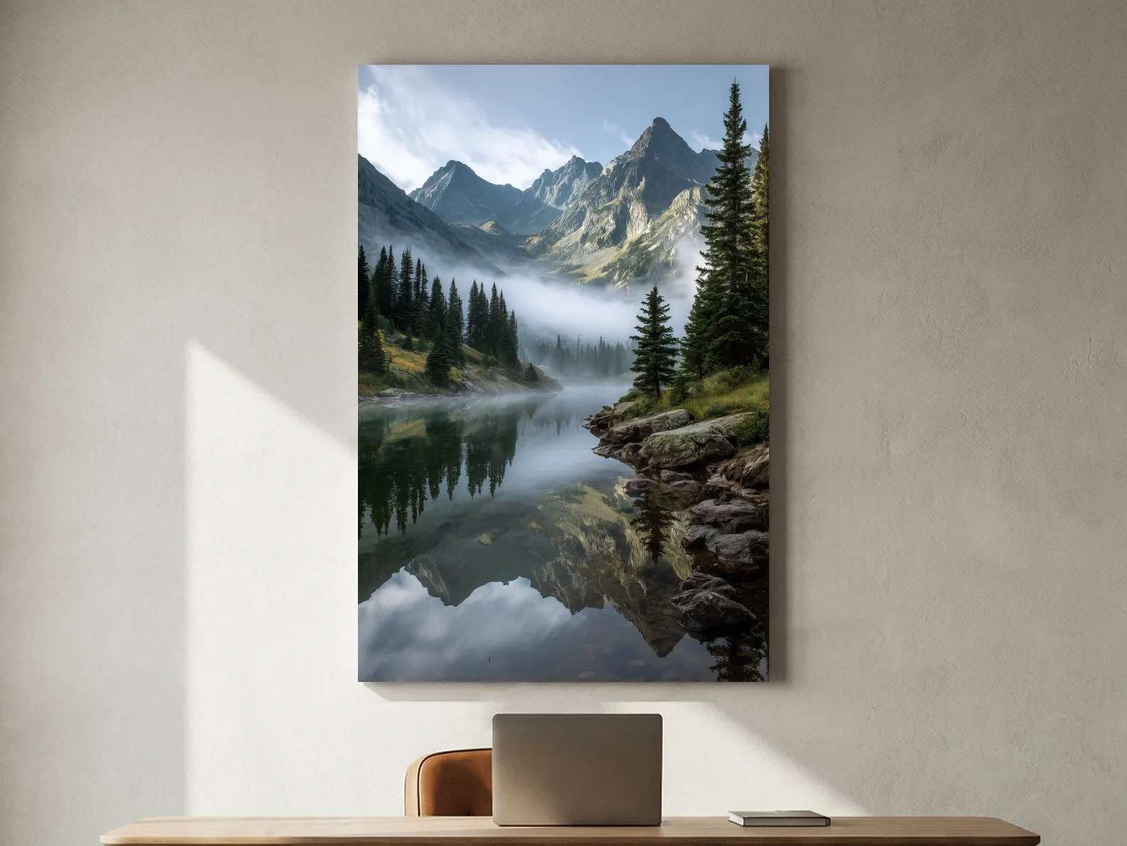 Misty Alpine Lake Photography - Serene Mountain Forest Wall Art
