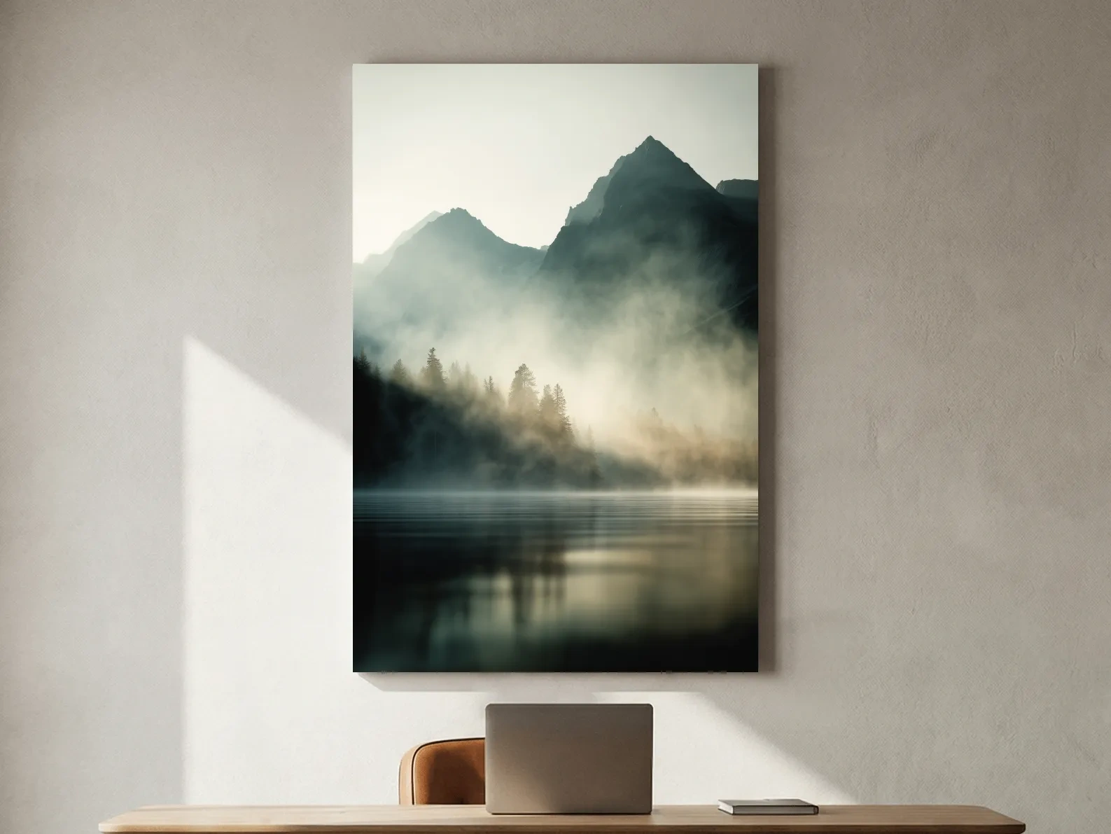 Moody Misty Mountain Lake Landscape - Serene Foggy Pine Forest Wall Art