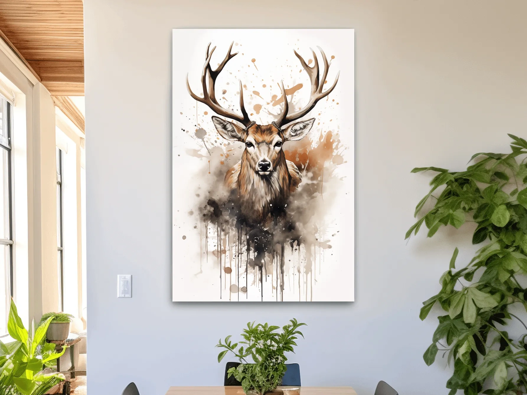 Majestic Stag Watercolor Splash Painting - Rustic Wildlife Wall Art