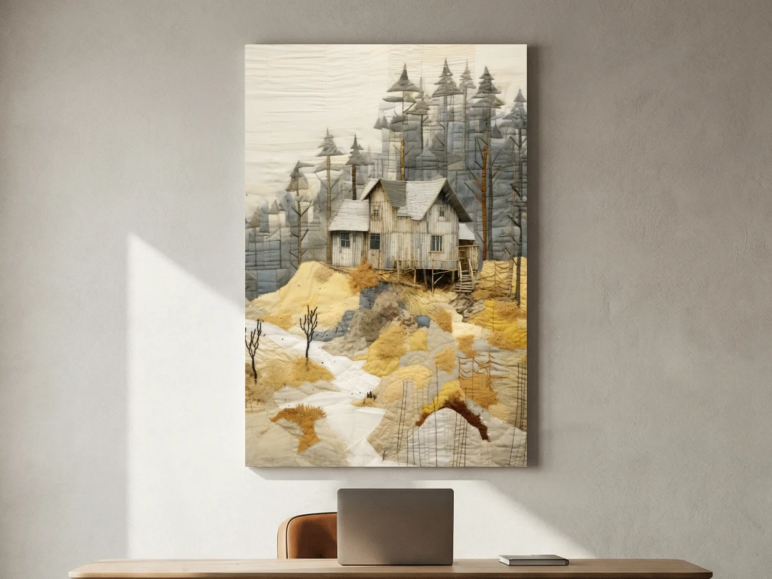 Rustic Woodland Cabin Landscape Quilt Art - Patchwork Style Mixed Media Wall Art