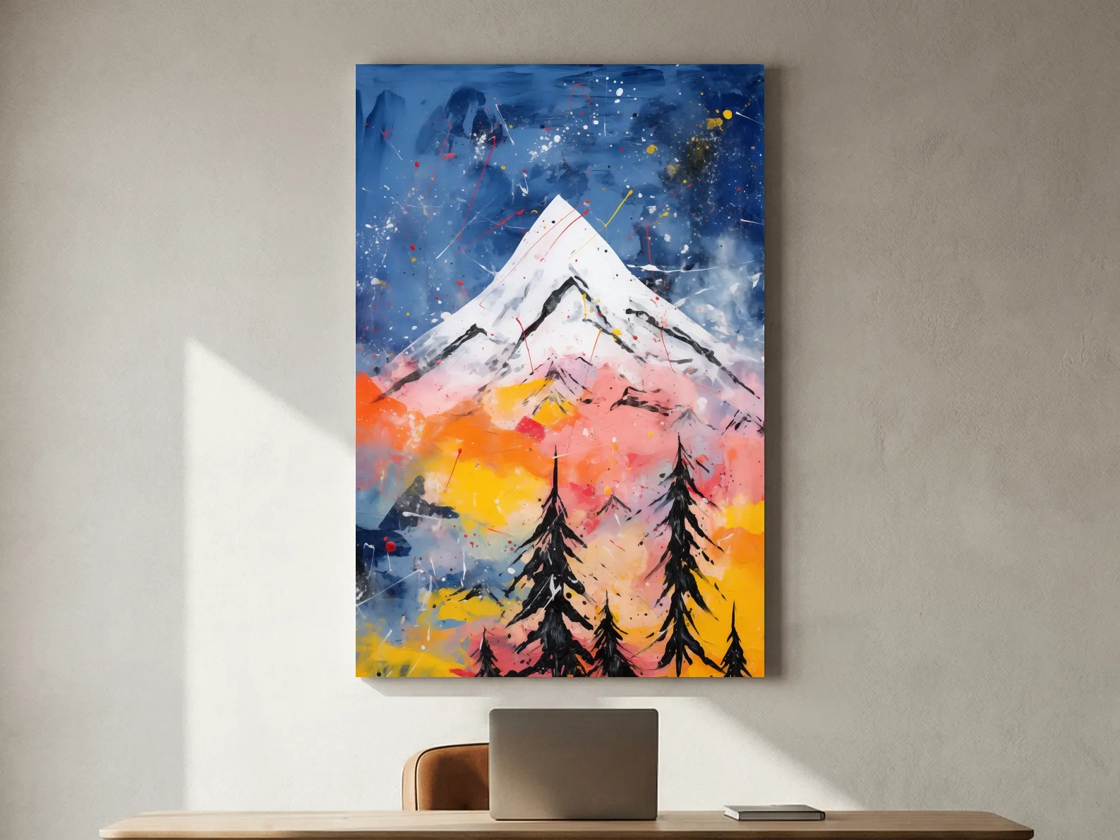 Vibrant Abstract Mountain Peak Sunset Painting - Colorful Acrylic Splash Forest Wall Art