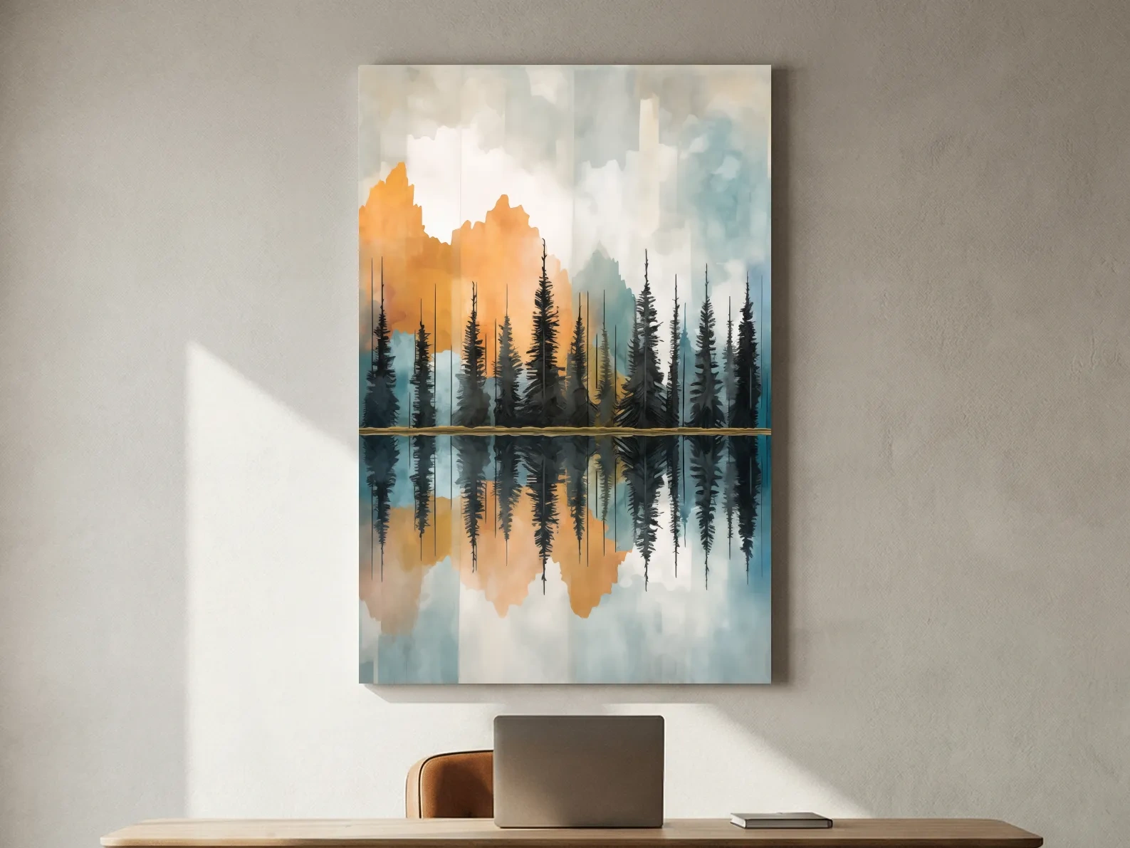 Abstract Watercolor Mountain Lake Reflection - Alpine Forest Landscape Artwork