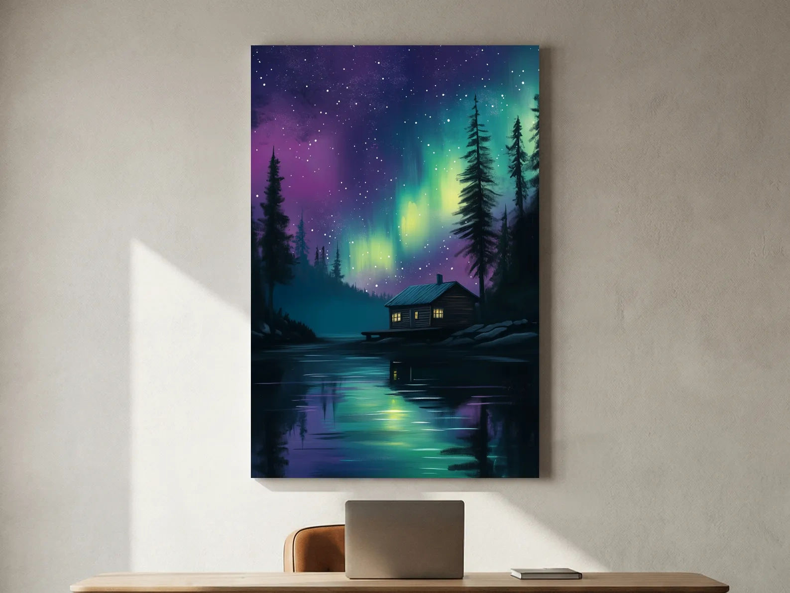 Aurora Borealis Lake Cabin Painting - Northern Lights Wall Art