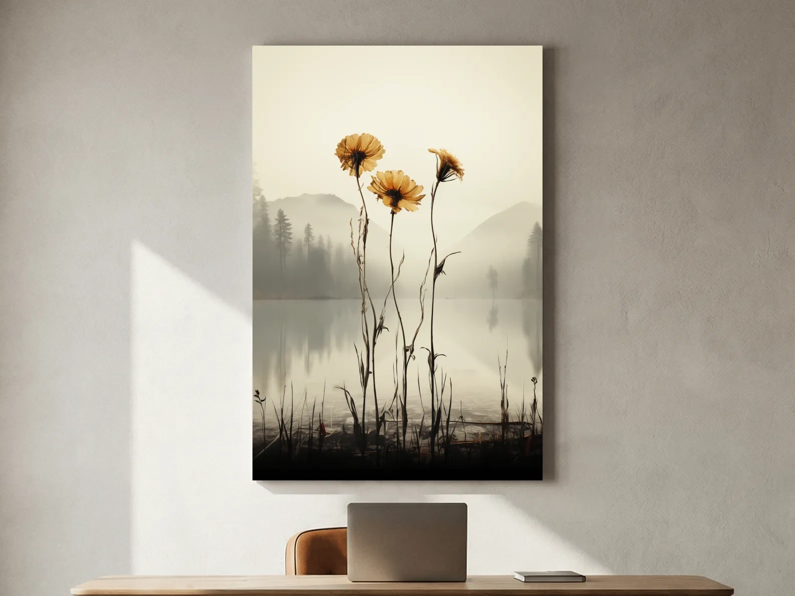 Wildflower Misty Lake Landscape - Minimalist Botanical Wall Art