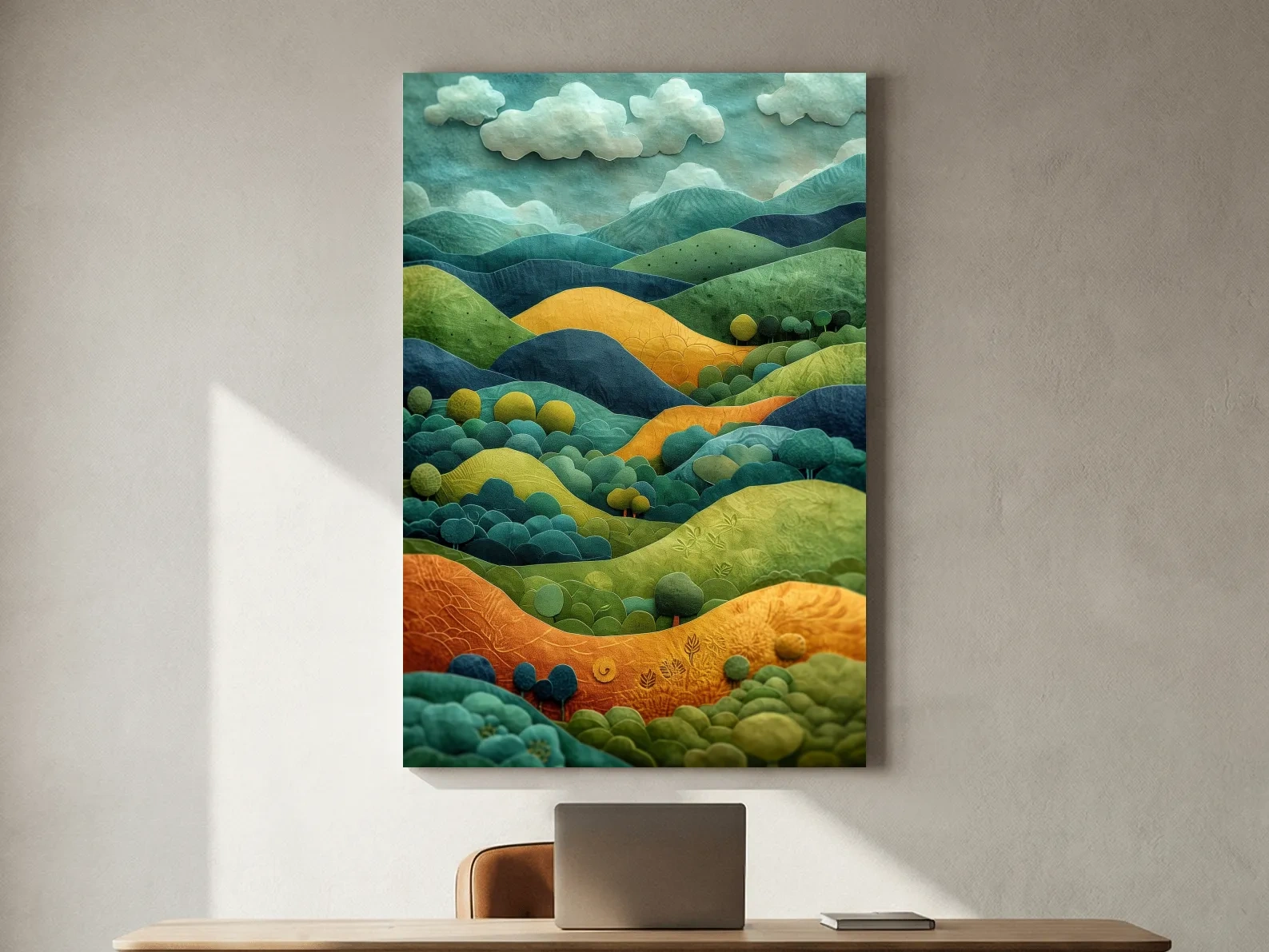 3D Layered Paper Cut Style Mountain Artwork - Whimsical Surreal Landscape Wall Art