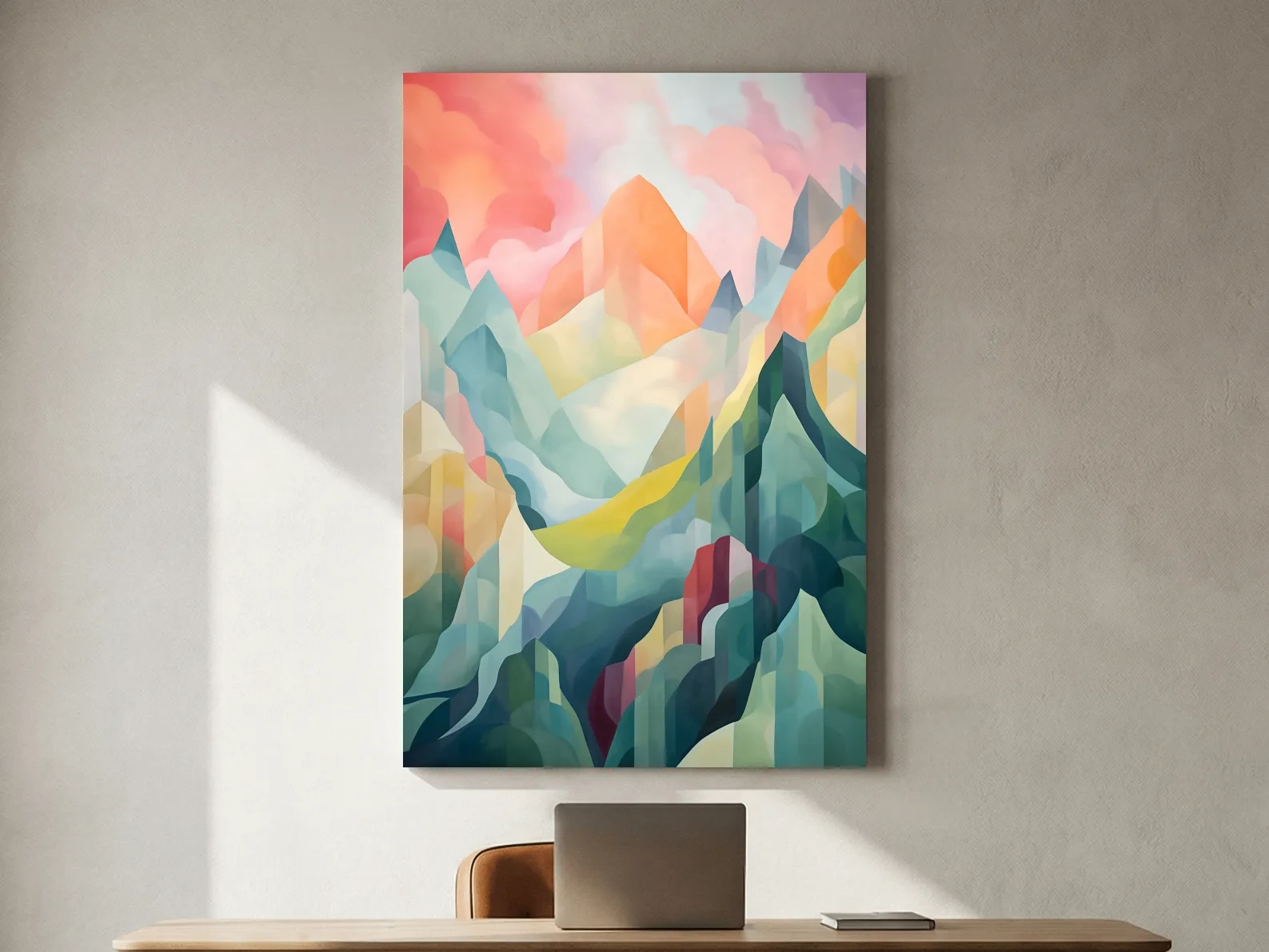 Vibrant Abstract Pastel Mountain Sunset - Geometric Watercolor Style Wall Art