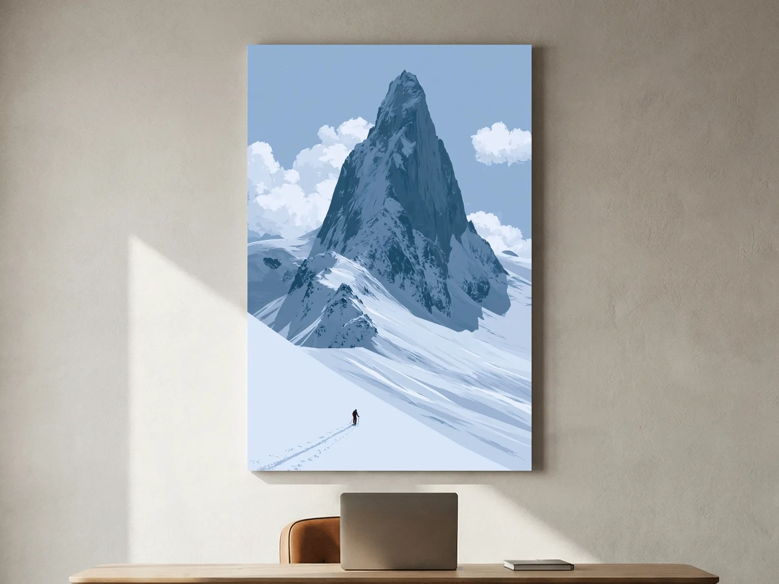 Backcountry Alpine Skier Illustration - Minimalist Mountain Landscape Wall Art