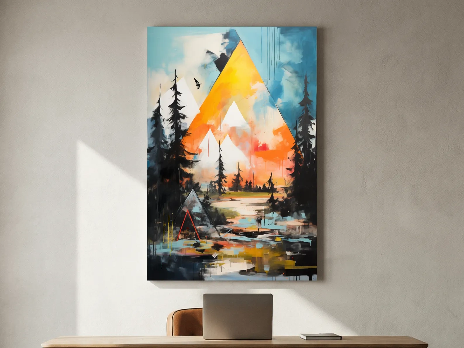 Vibrant Abstract Mountain Painting - Modern Geometric Alpine Forest Wall Art