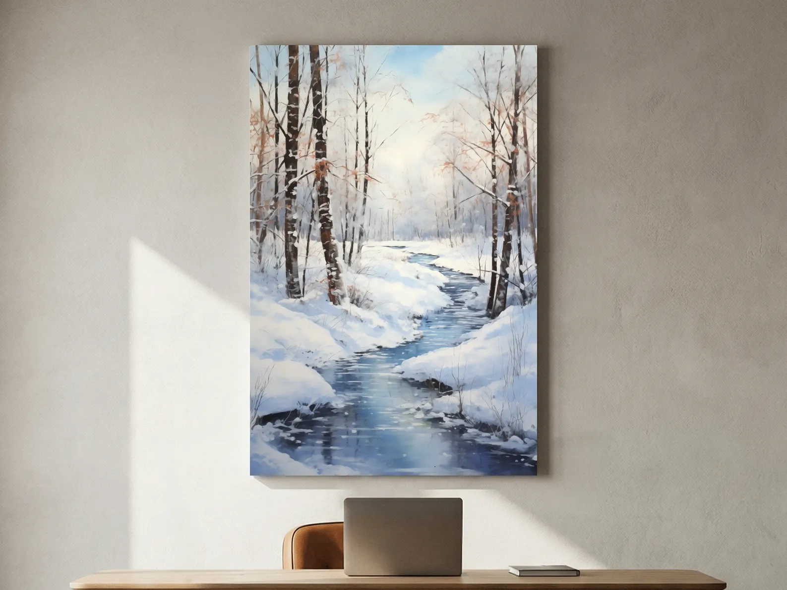 Serene Winter River Forest Painting - Snowy Woodland Wall Art