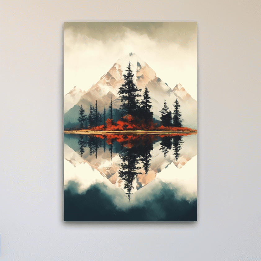 Minimal mountain art, trees by an alpine lake