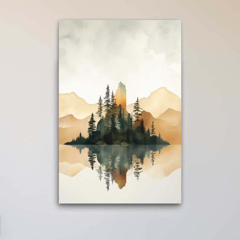 Minimal watercolour painting of alpine trees by a lake