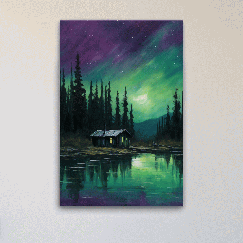 Painting of cabin by a lake under the northern lights night sky