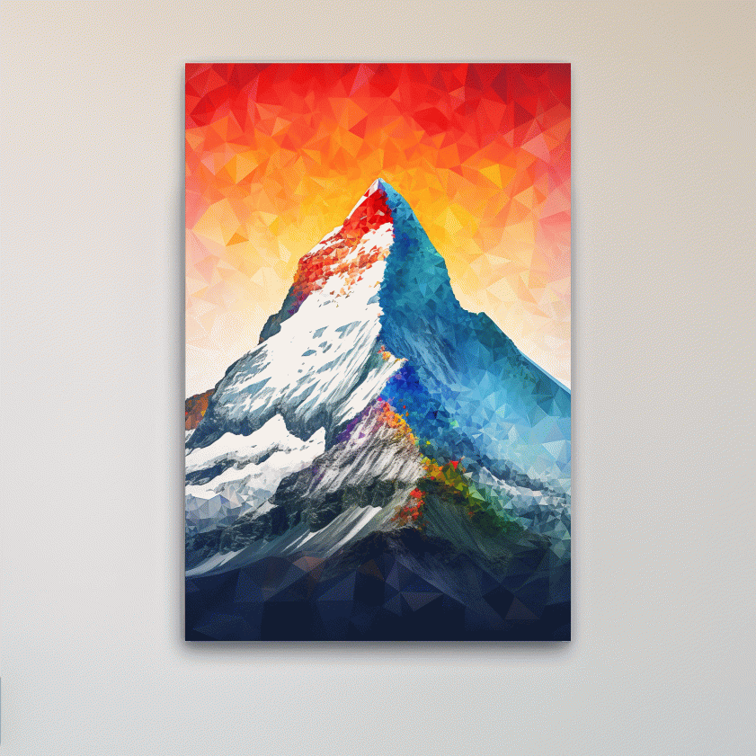 Vibrant abstract mountain painting, sunset over a glacier