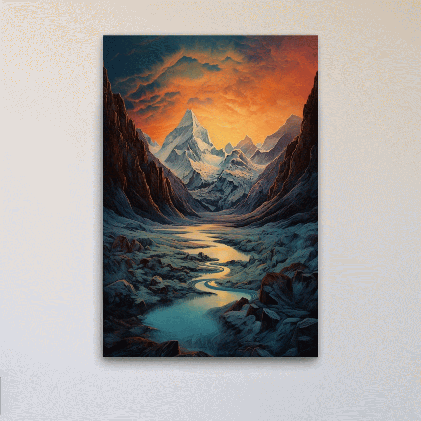 Oil painting of a glacier at sunset