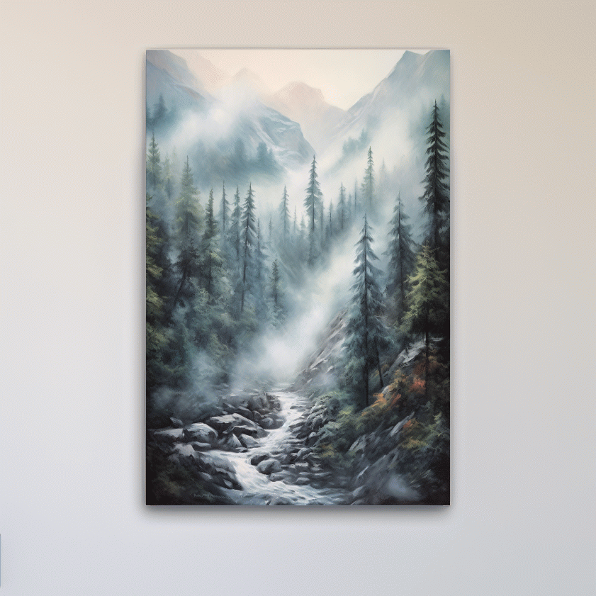 Painting of a foggy forest mountain and river scene