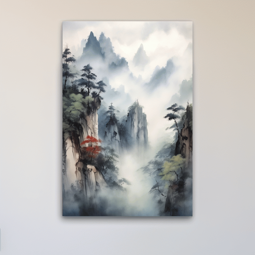 Chinese ink wash style watercolour painting of a misty mountain landscape