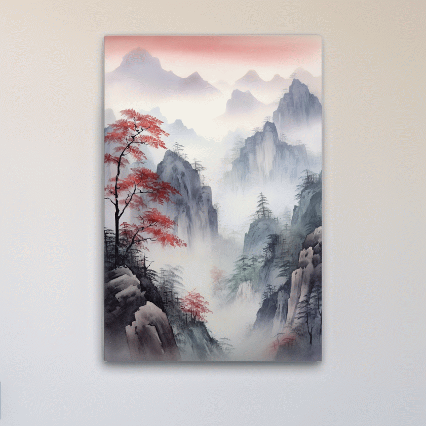 Chinese style ink wash watercolour painting of a foggy mountain scene