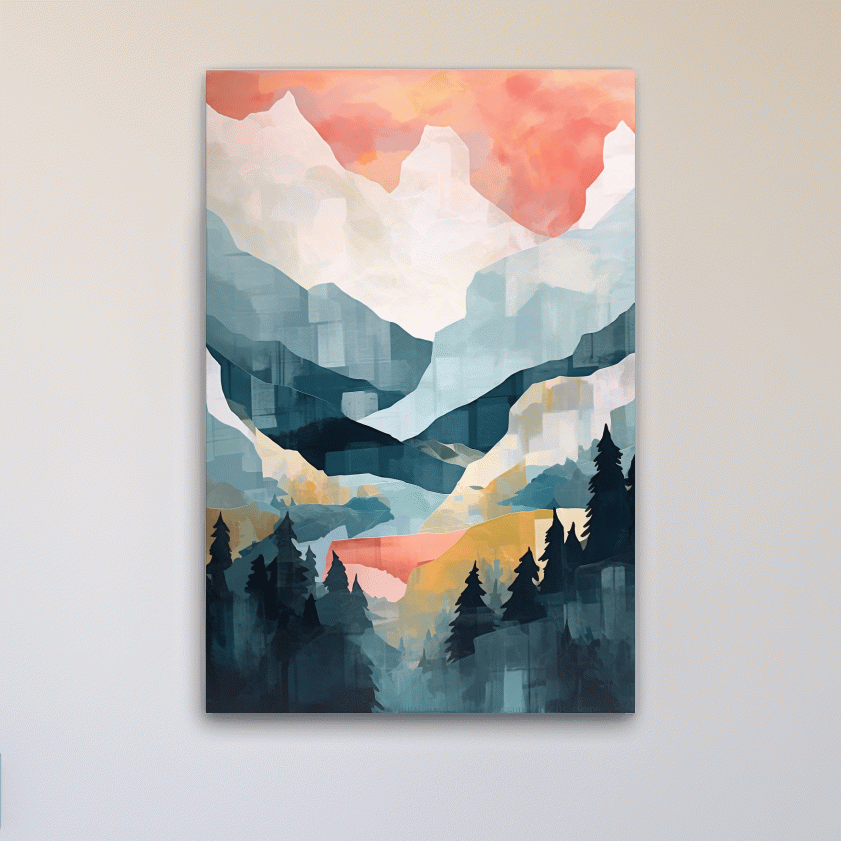 Abstract painting of alpine mountains and trees