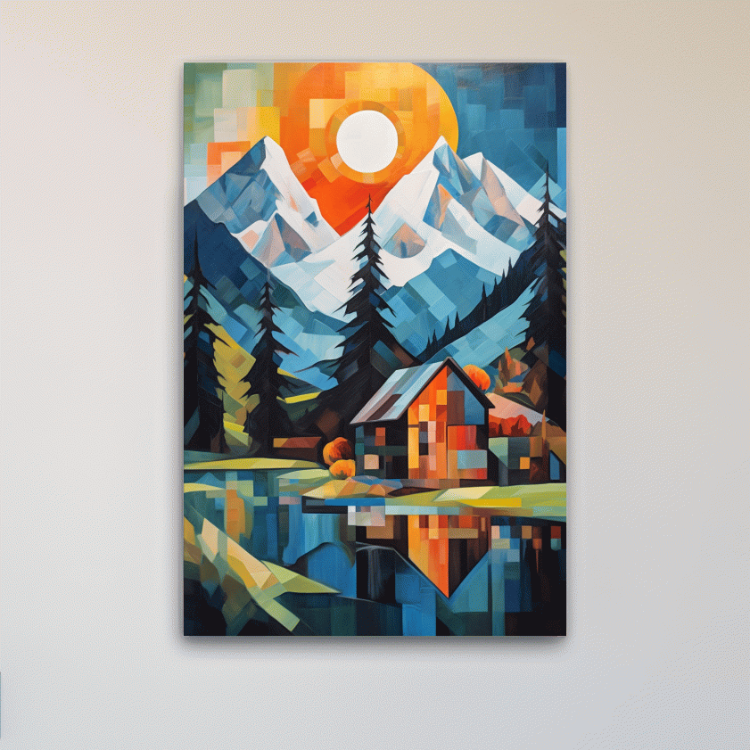 Abstract impressionist painting of a cabin by a lake and mountain at sunset