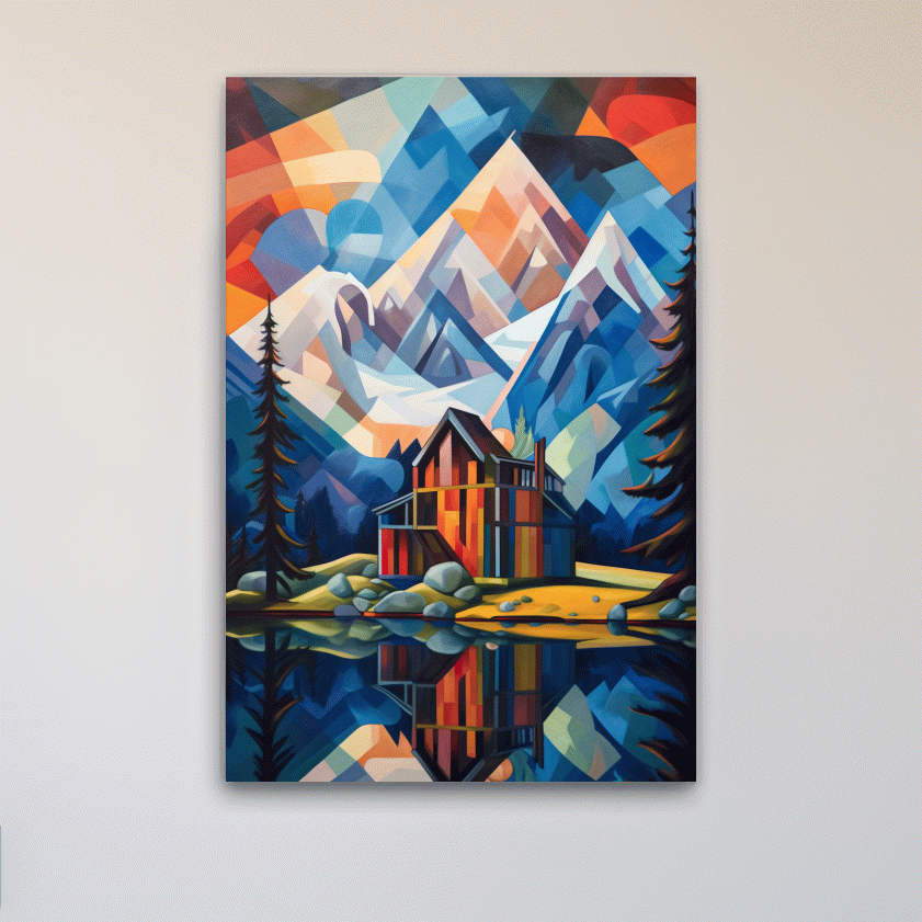 Abstract painting of a cabin by a lake
